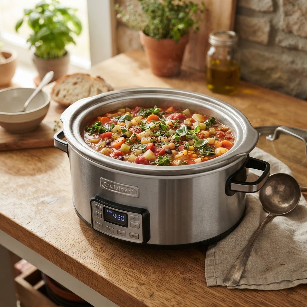 The slow cooker in action preparing a healthy meal.