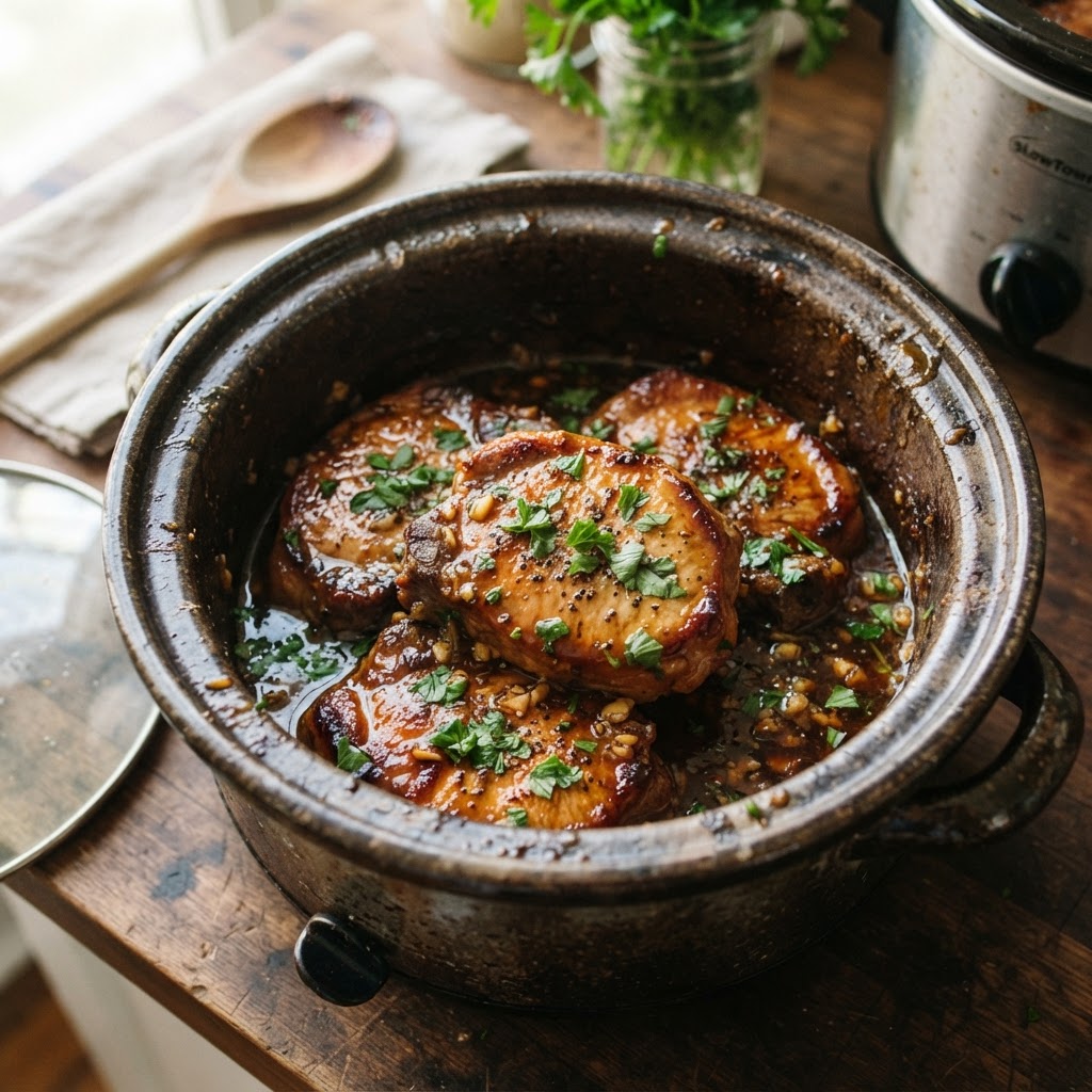 Juicy honey garlic pork chops fresh from the slow cooker.