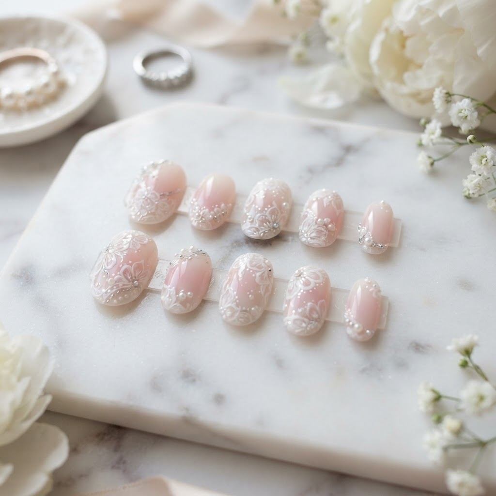 Intricate floral lace and pearl details for a bridal nail look.