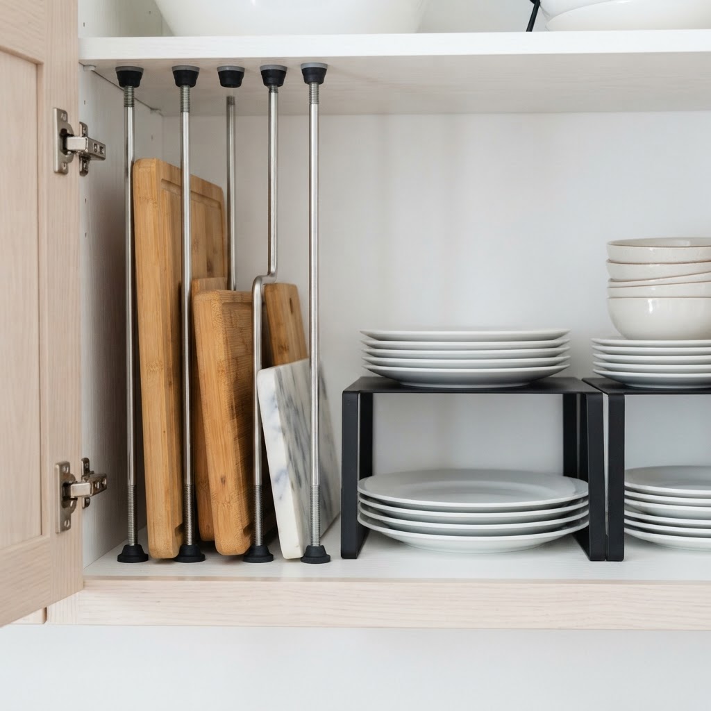 Shelf risers and tension rods are essential for kitchen cabinet organization.