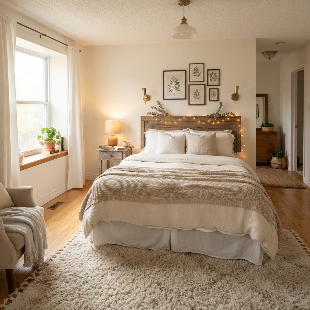 Layering textures is a key strategy for a cozy rental bedroom.