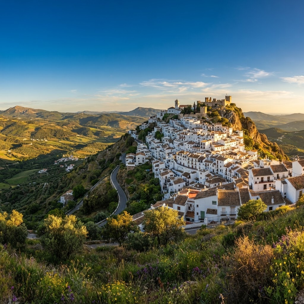 The hilltop pueblos blancos of Andalusia glowing under the late afternoon sun.