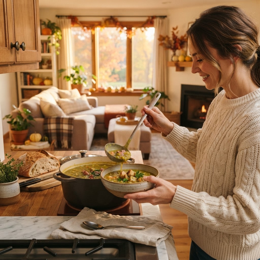 Serving up comfort food in a cozy kitchen setting.