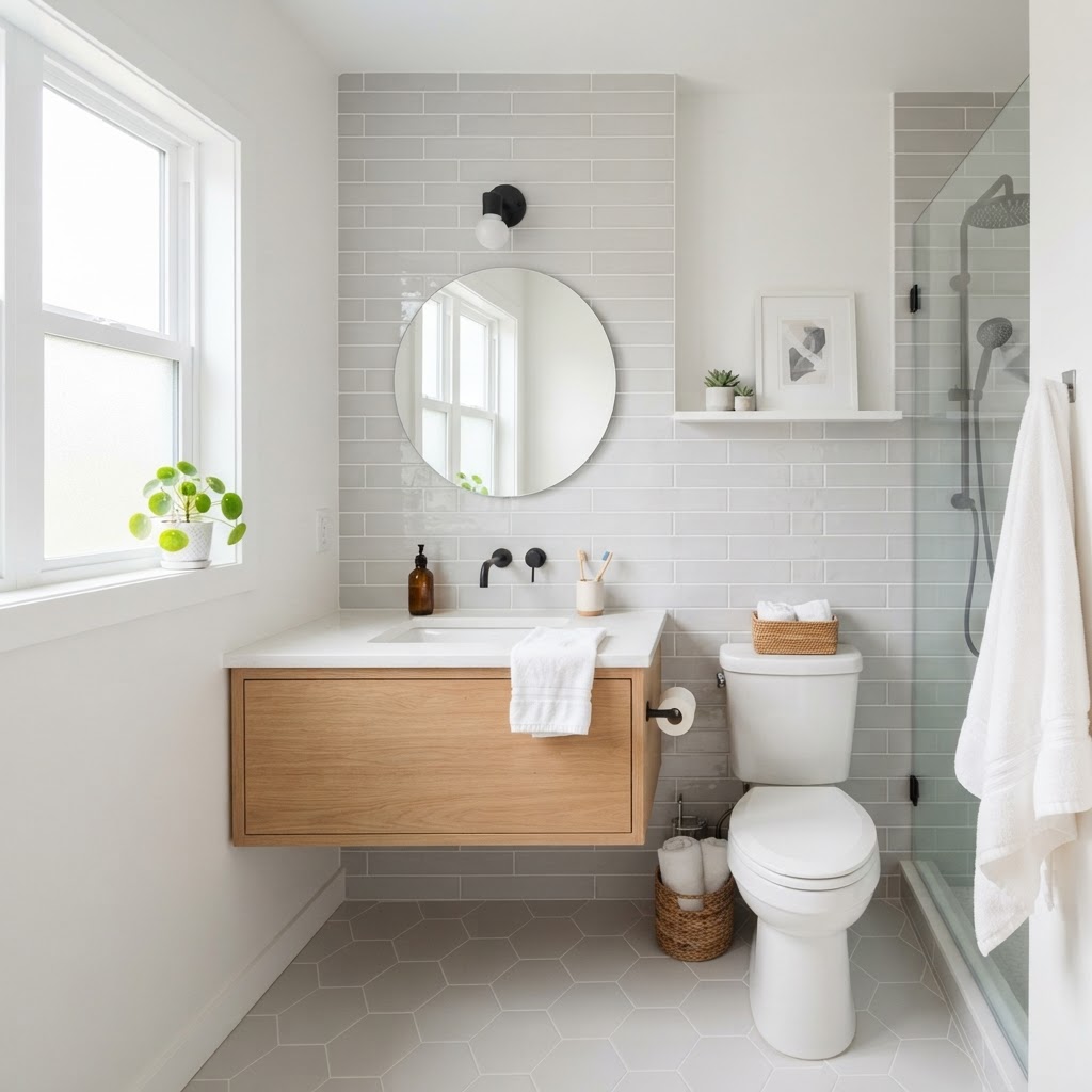 A bright, organized bathroom layout that makes the most of limited square footage.