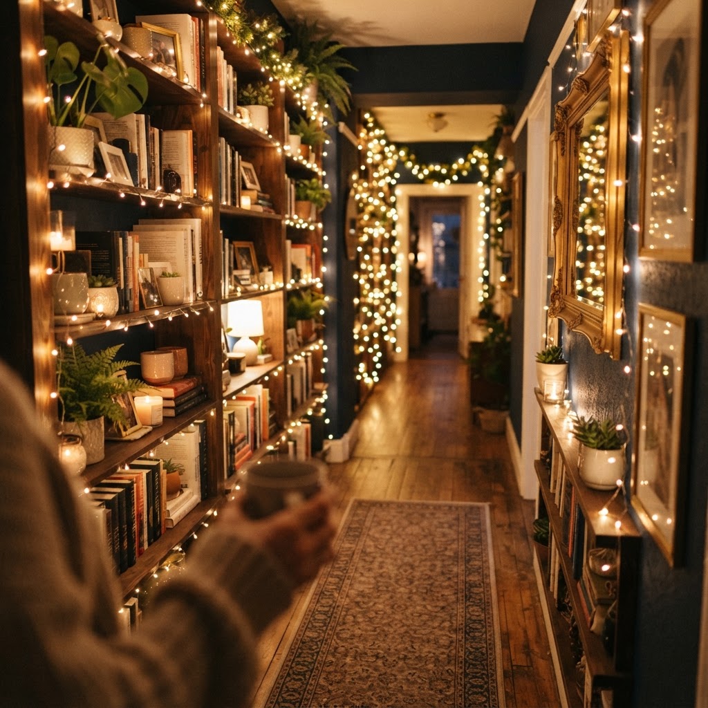 String lights add a soft, ambient glow to small corners and shelves.