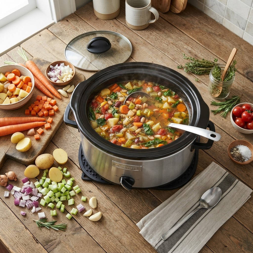 Fresh ingredients prepared for a hearty vegetable slow cooker soup.