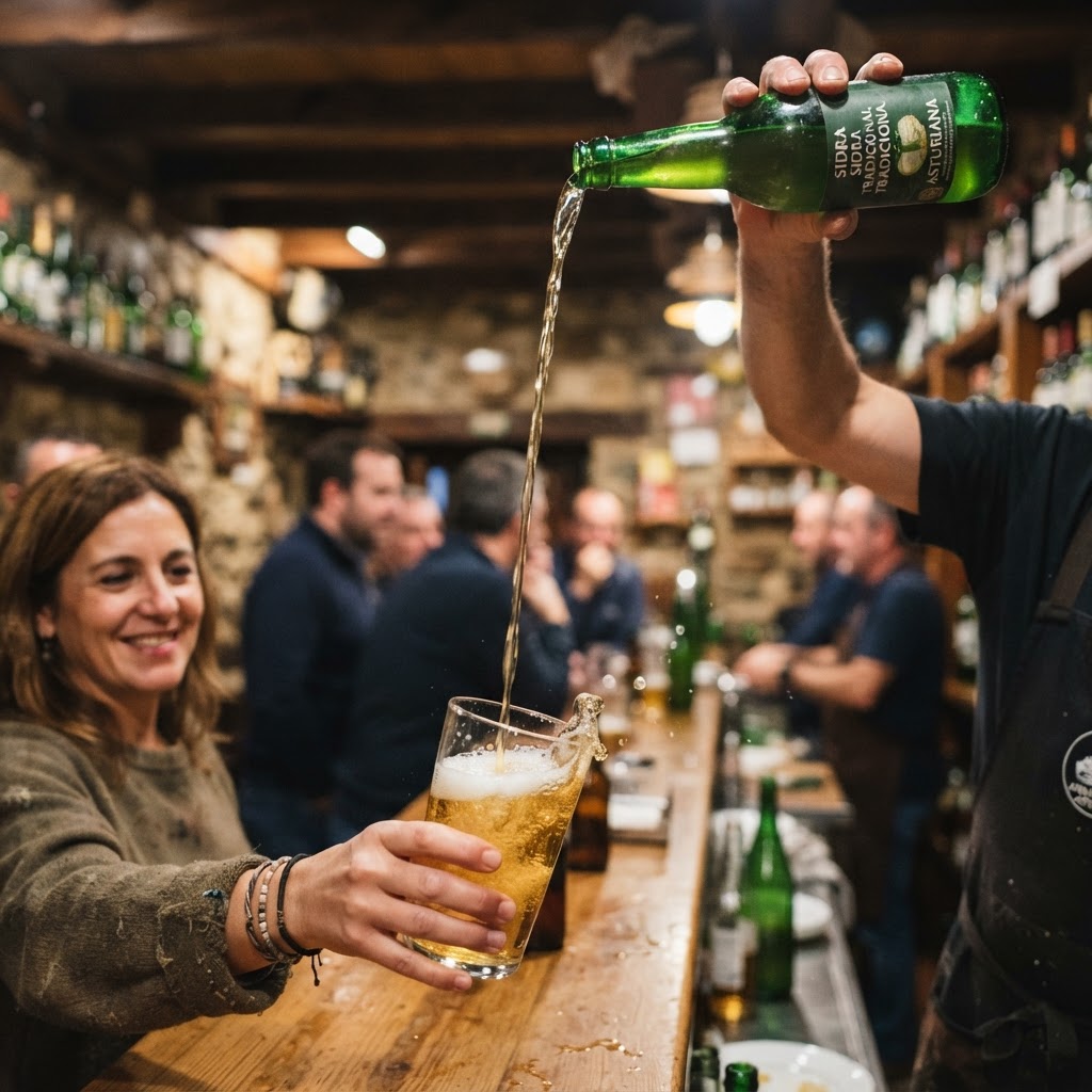 The traditional art of pouring cider in Asturias.