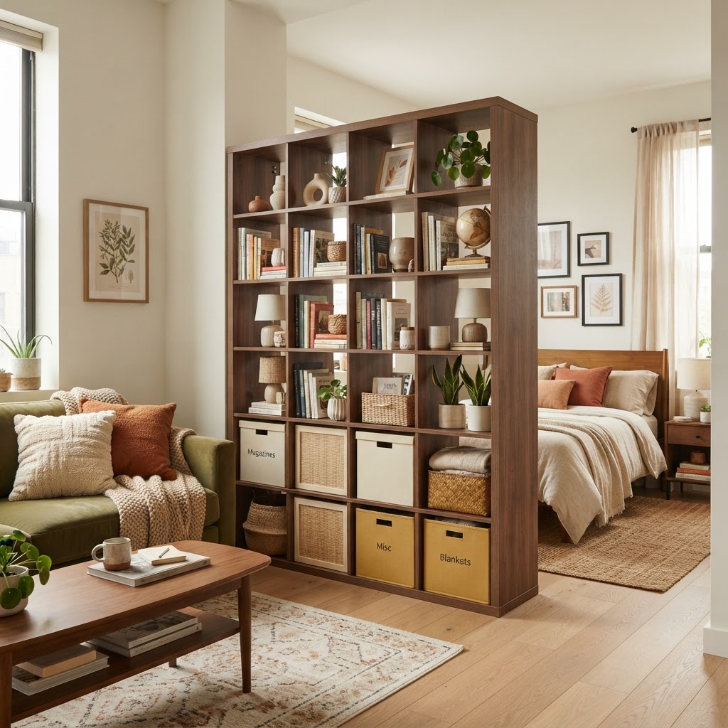 Use a bookshelf room divider to create privacy and extra storage simultaneously.