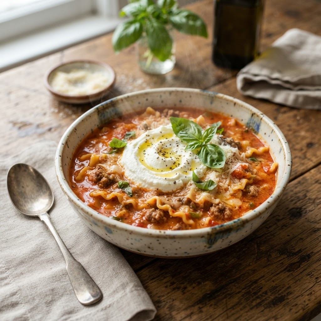 A warm, comforting bowl of lasagna soup garnished with fresh basil.