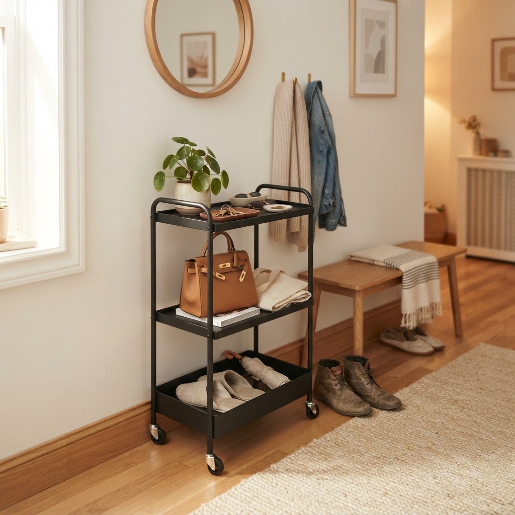 A slim rolling cart acts as a perfect entryway command center.