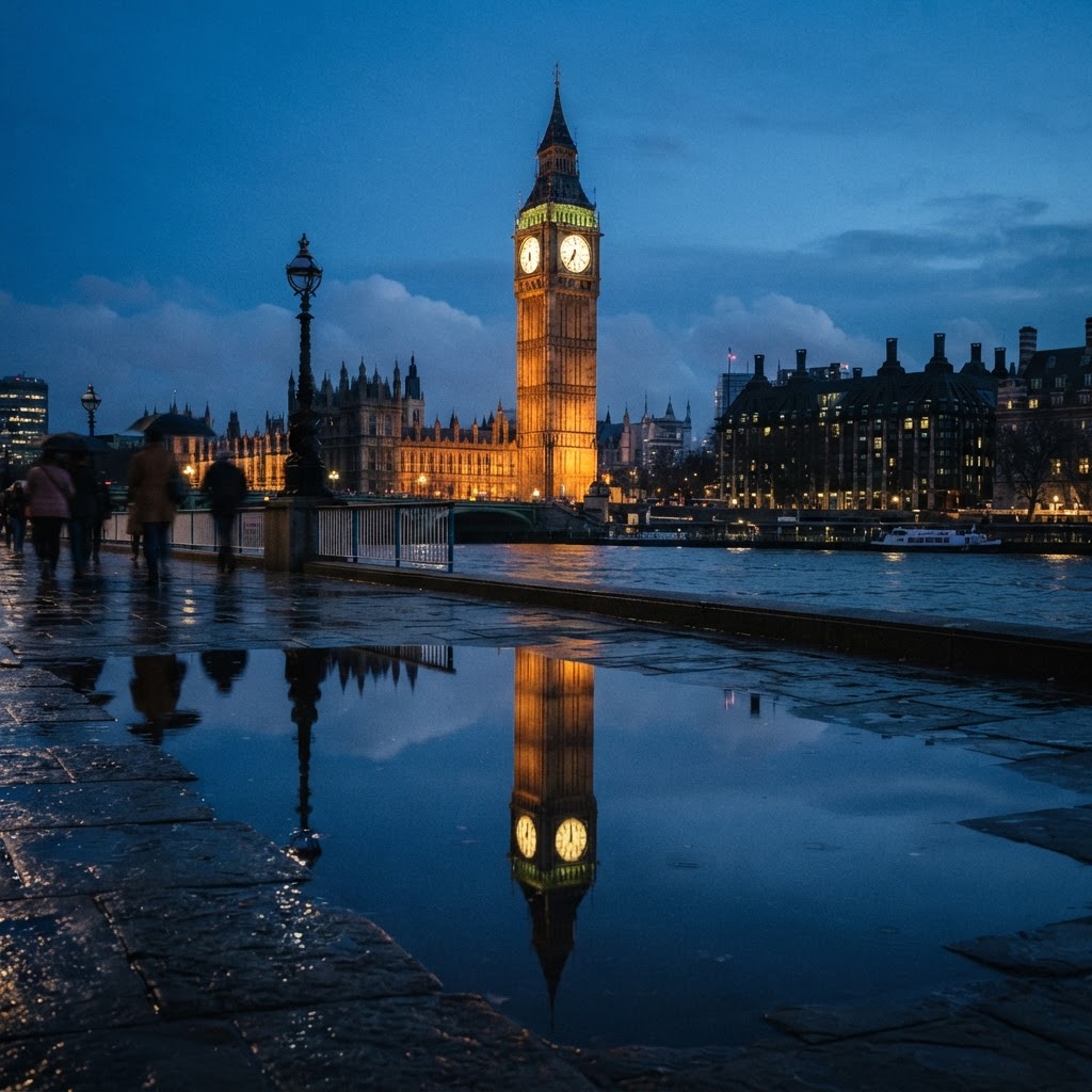 Reflections of the Elizabeth Tower on the South Bank after a light rain.