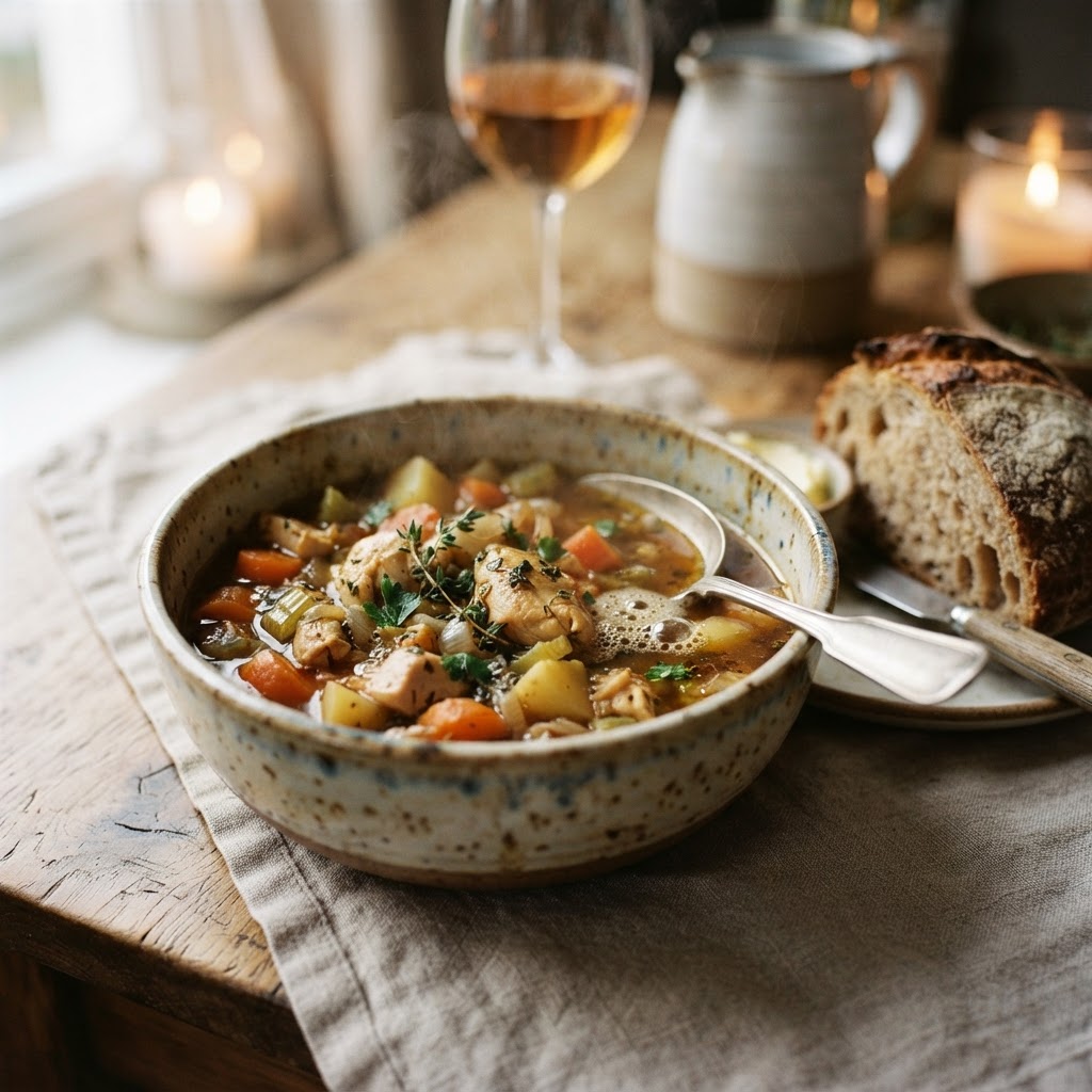 Classic chicken stew served with rustic bread.