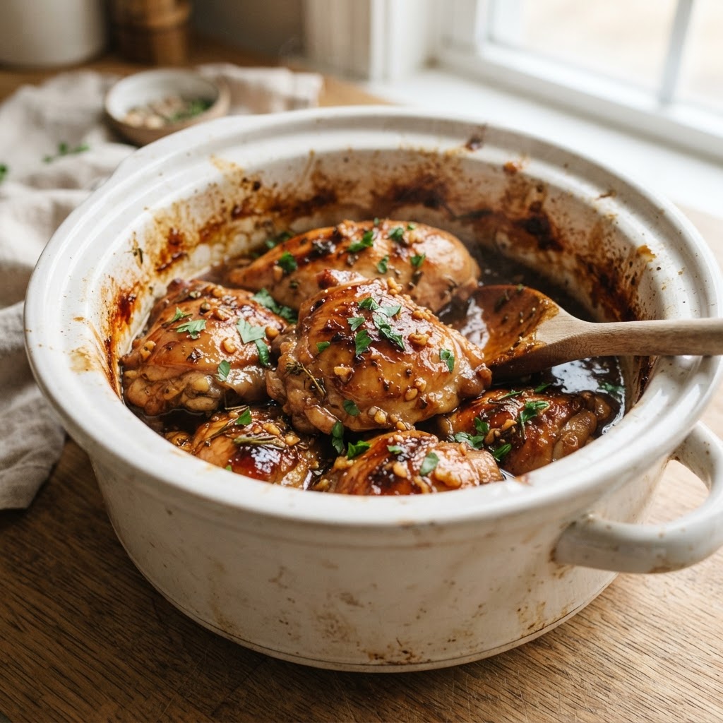 Perfectly caramelized slow cooker brown sugar garlic chicken.