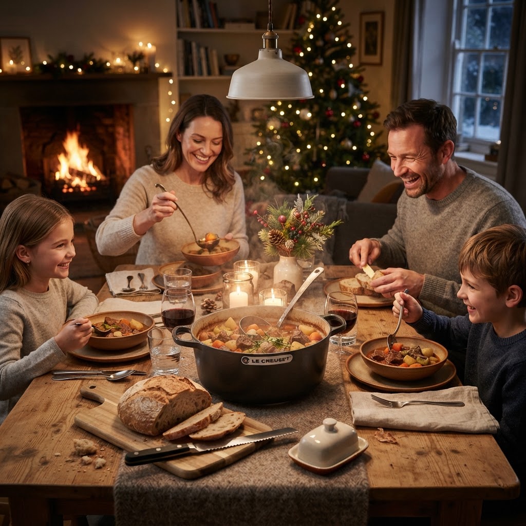 A perfect winter dinner featuring homemade beef and barley stew.