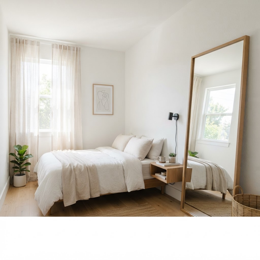 Strategic use of mirrors and light creates an expansive feel.