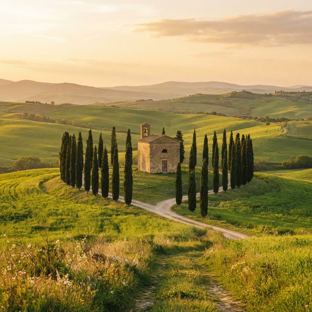 A peaceful chapel nestled within the serene landscape of the Val d'Orcia.
