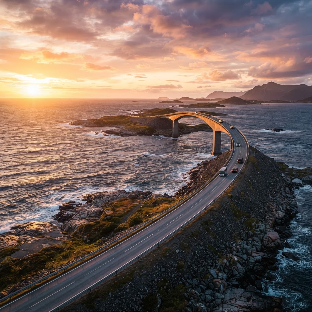 The iconic Storseisundet Bridge glowing under the soft light of the Norwegian sunset.
