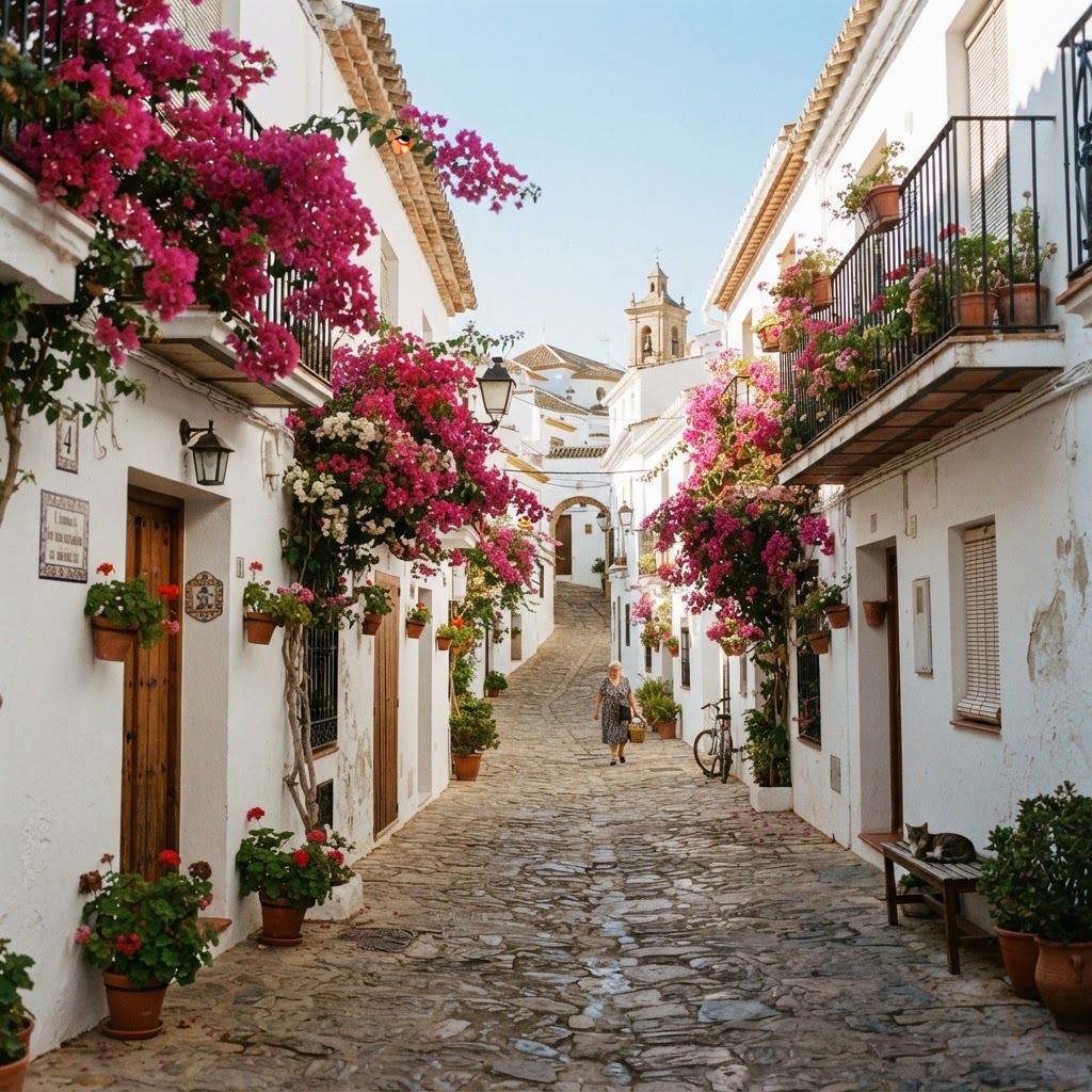 Colorful flowers against the iconic white walls.