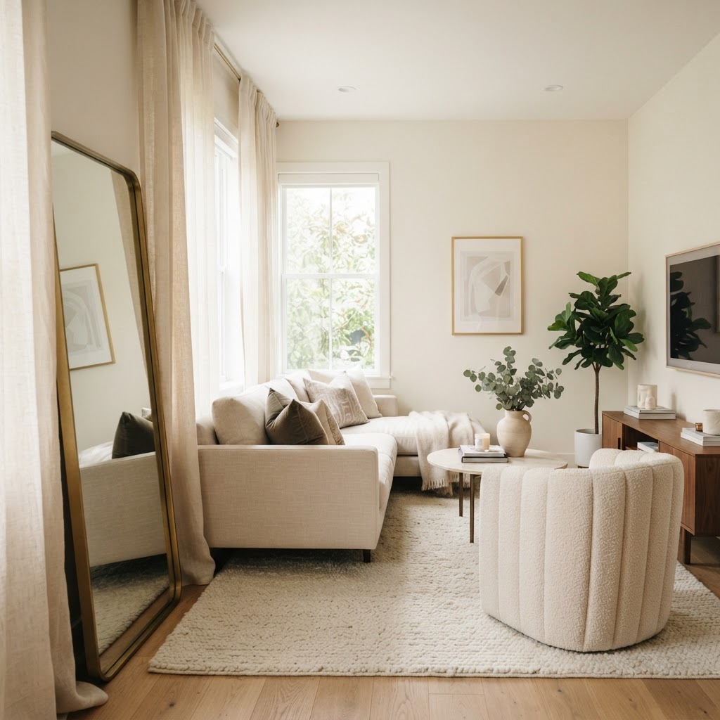 Floor-to-ceiling curtains and mirrors make small spaces feel grand.