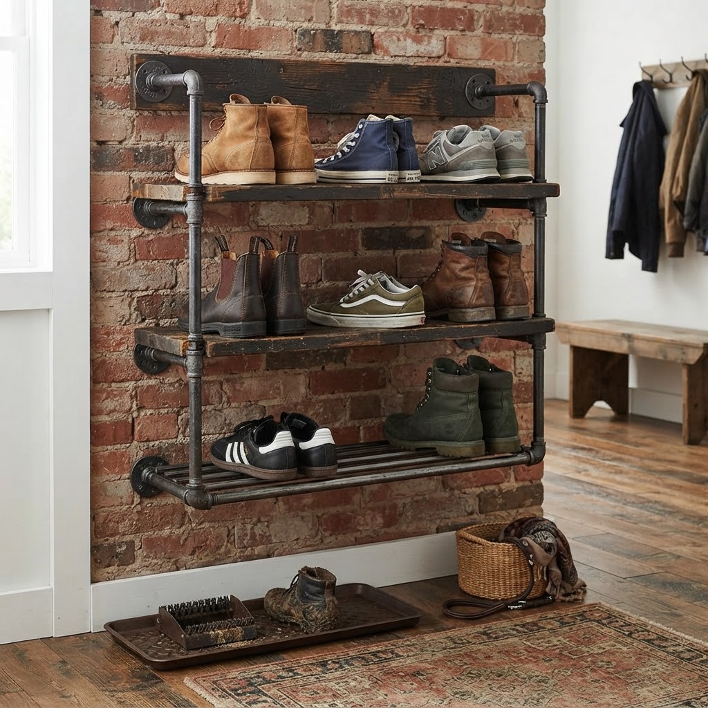 Industrial wall racks add character to small spaces.