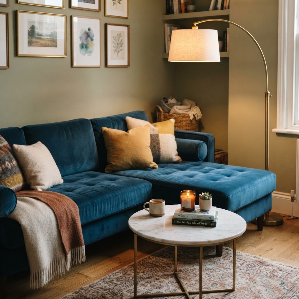 The right lighting and textures can make a compact sectional feel like a luxury piece.