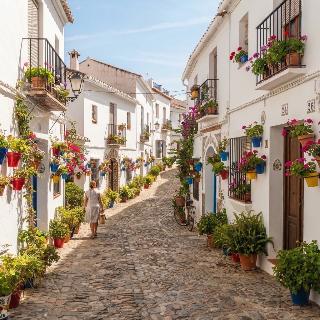 Flowers decorating a traditional street in a pueblo blanco.