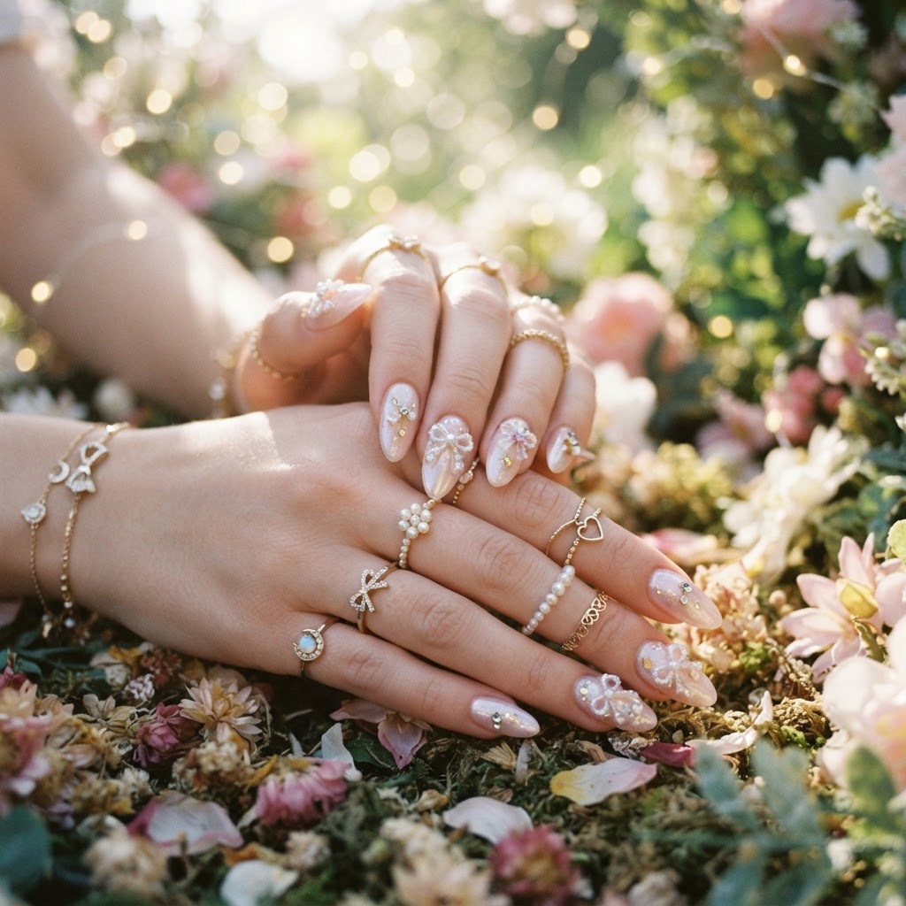 Elegant long almond nails with soft pink pearl finishes.