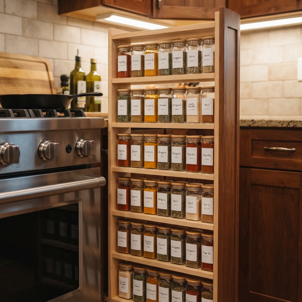 Vertical spice pull-outs save massive amounts of shelf space.