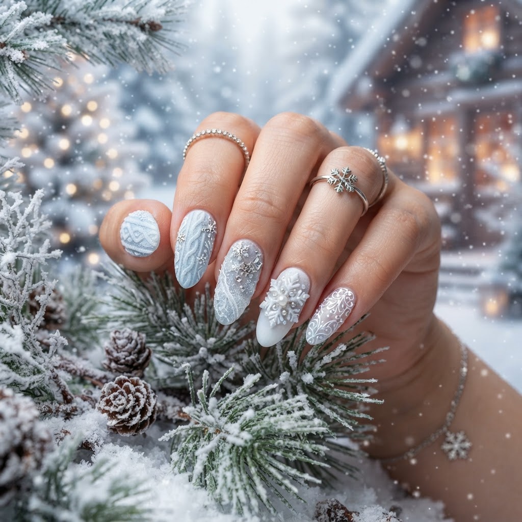 3D textures add a unique, tactile element to modern winter manicure styles.