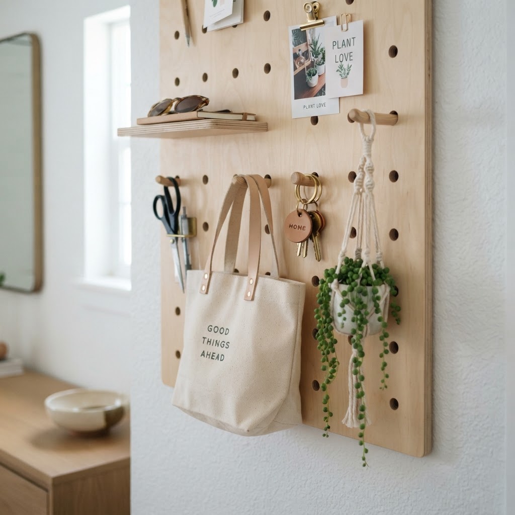 Pegboards offer flexible vertical storage for daily items.