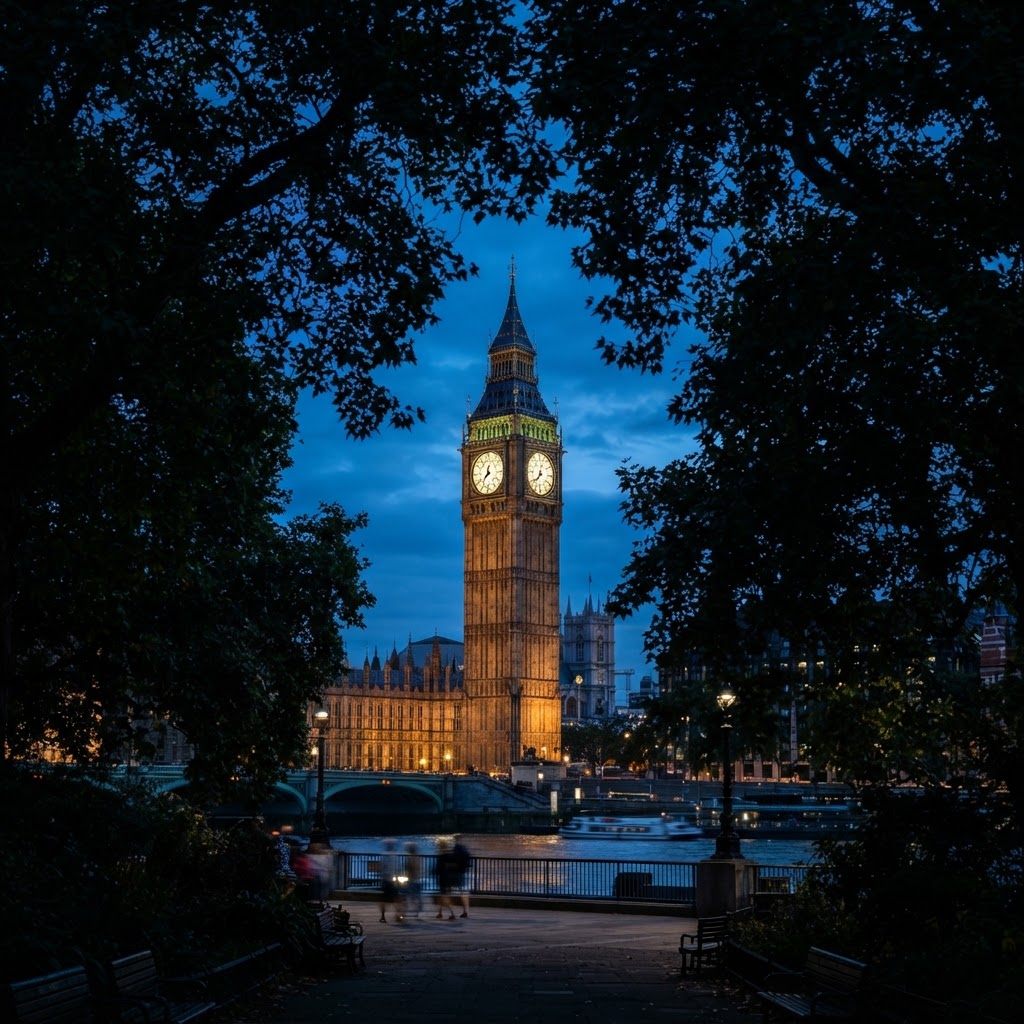 Big Ben framed by the natural beauty of Victoria Embankment Gardens.