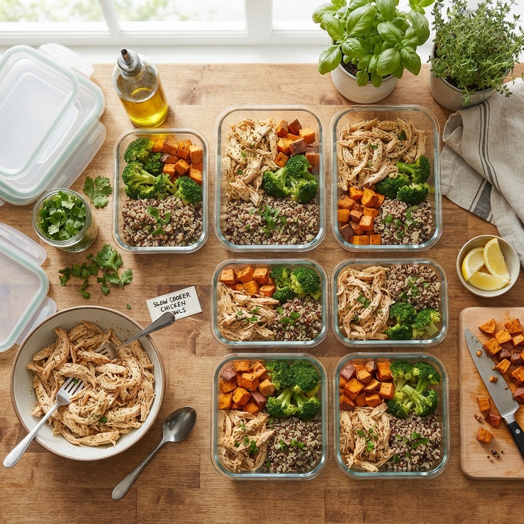 Easy meal prep ideas using versatile slow cooker chicken.