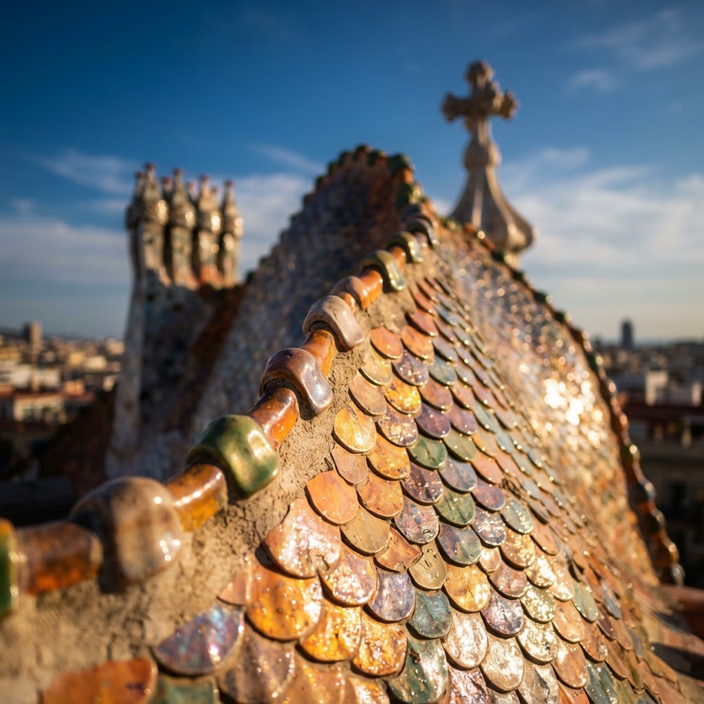 Close-up details of the iridescent trencadís tiles on Casa Batlló.