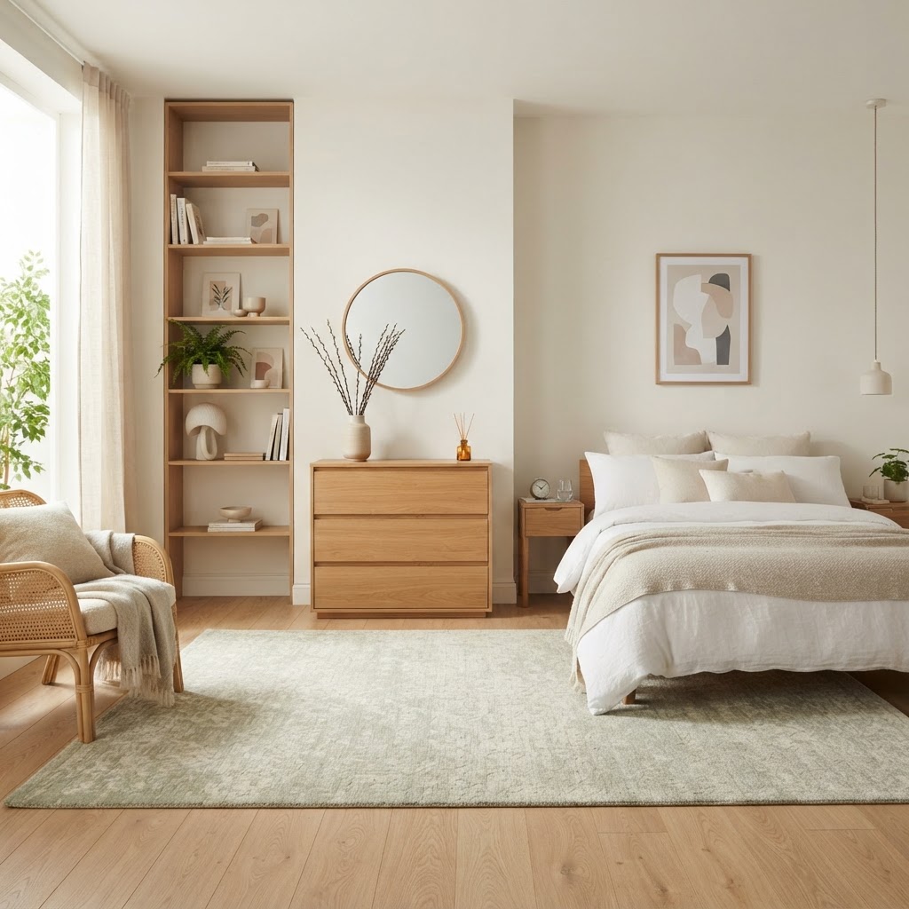 Vertical storage keeps the floor clean and the room airy.