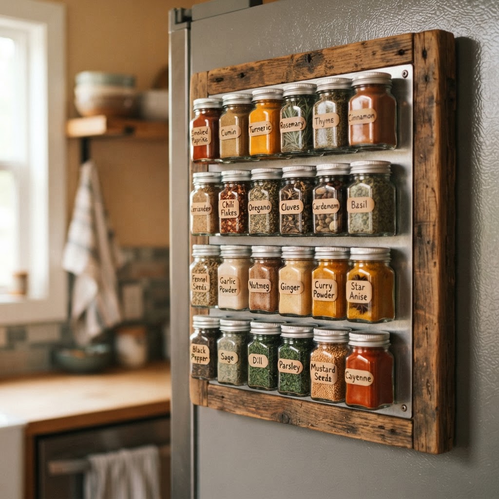 Magnetic spice jars attached to the fridge keep seasonings within easy reach.