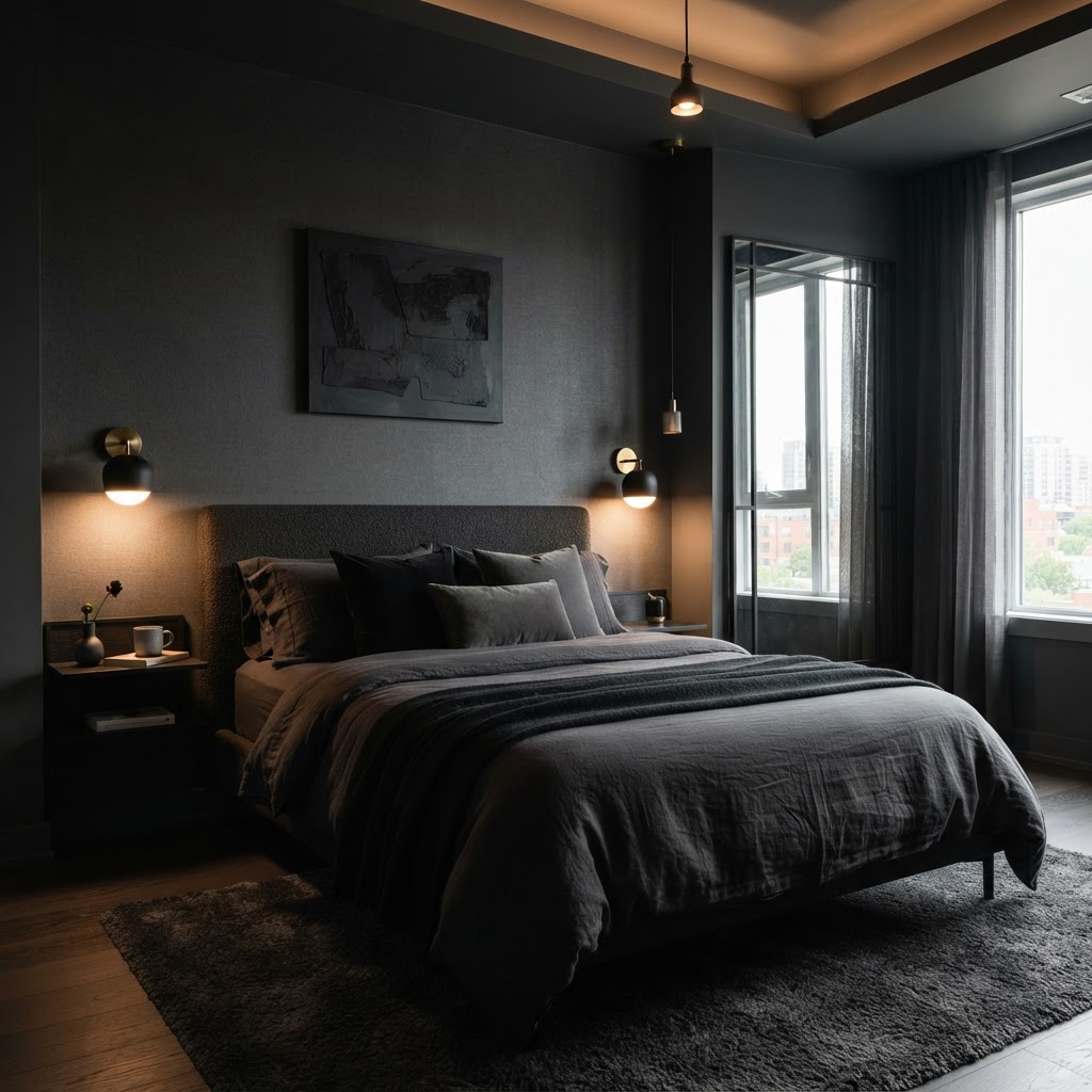 Moody charcoal tones creating a luxurious minimalist retreat.