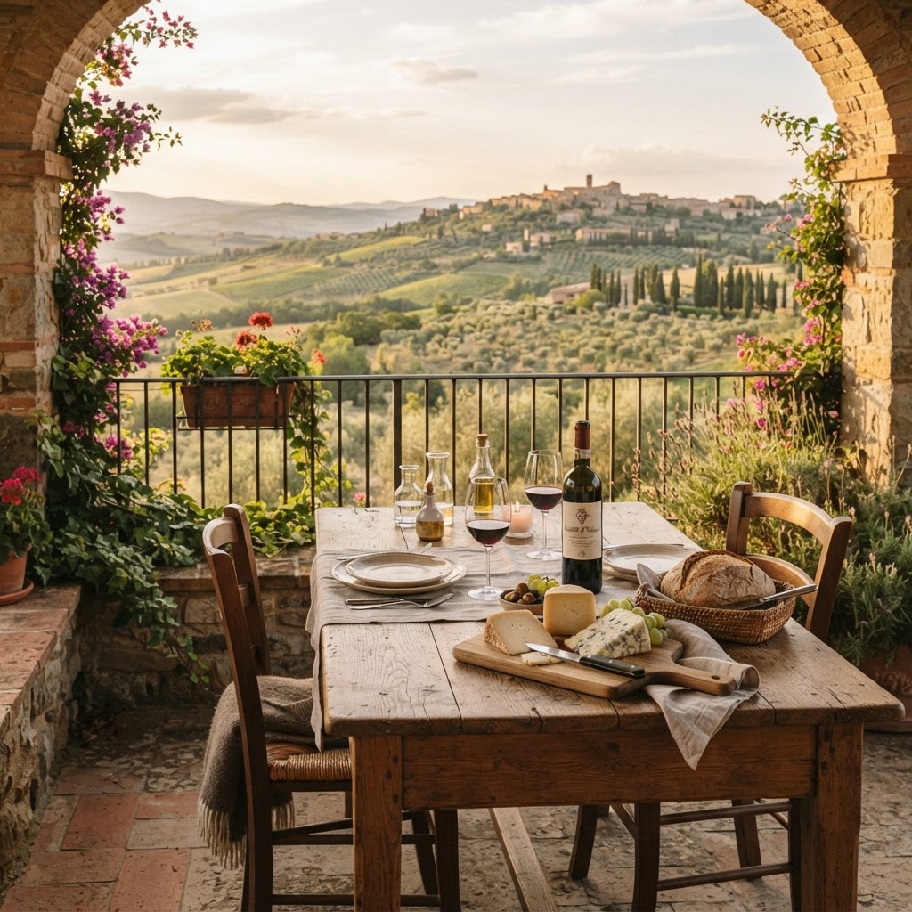 An intimate wine tasting setup with a view of the rolling hills of Tuscany.