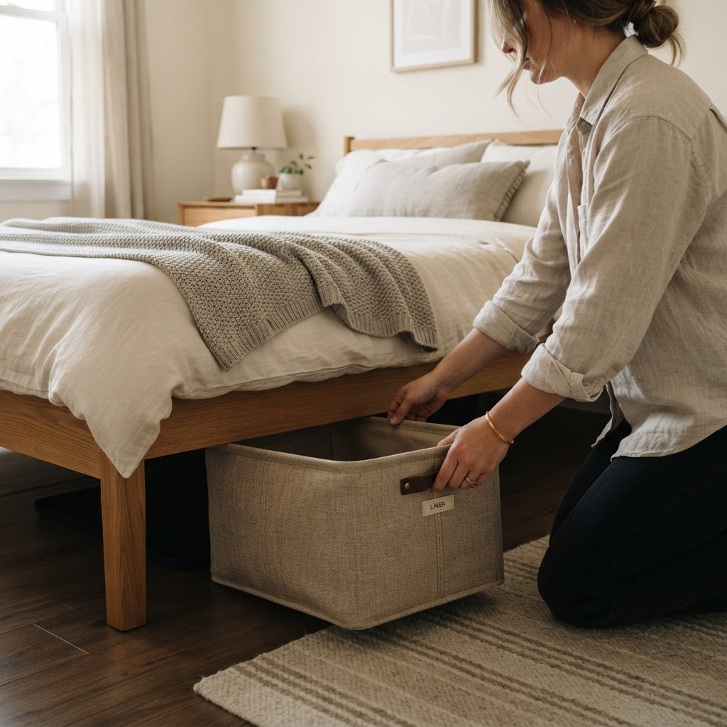 Choose fabric bins for a soft, aesthetic touch.
