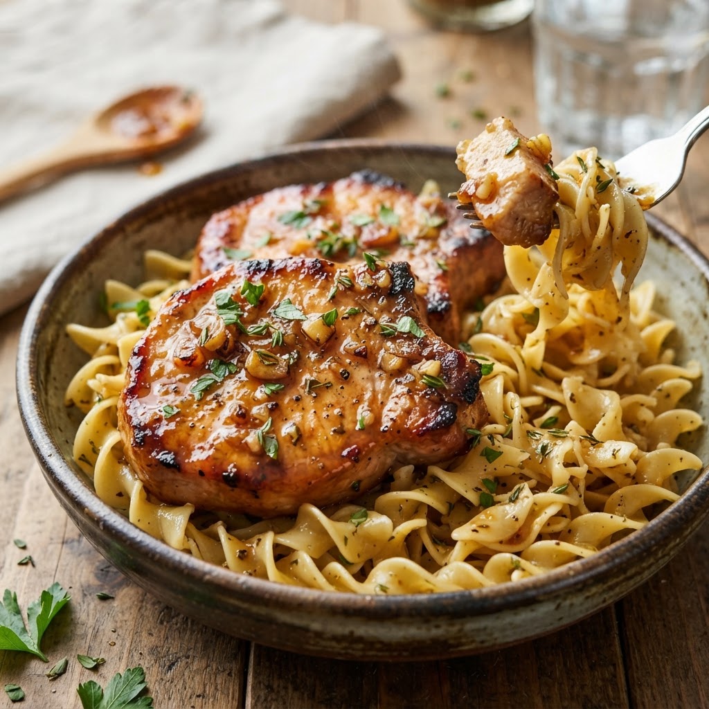 Honey garlic glazed pork chops on noodles.