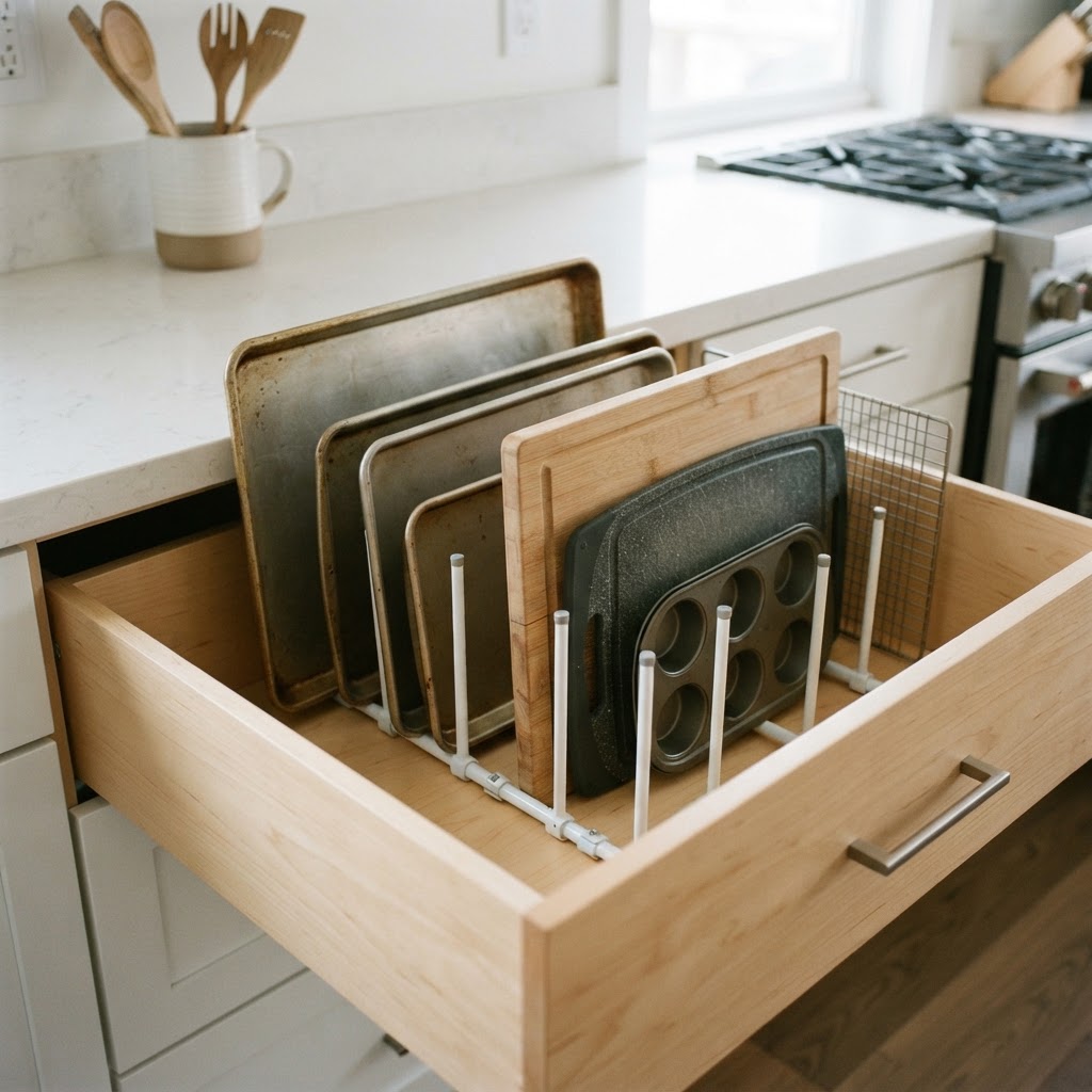 Organize baking sheets vertically with tension rod dividers.