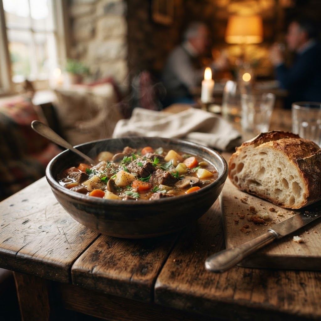 A perfect winter dinner featuring hearty beef stew and fresh bread.