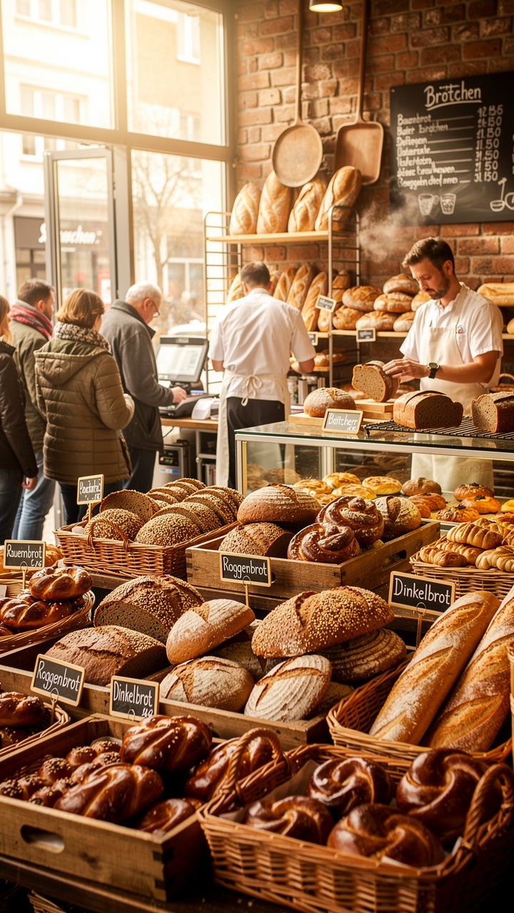 German bakeries offer a vast array of fresh bread that is central to the local diet.