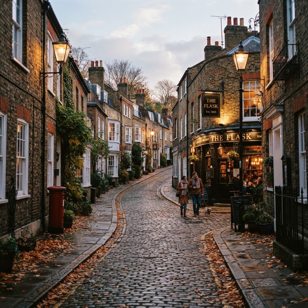 Charming and historic cobblestone lanes in Hampstead.