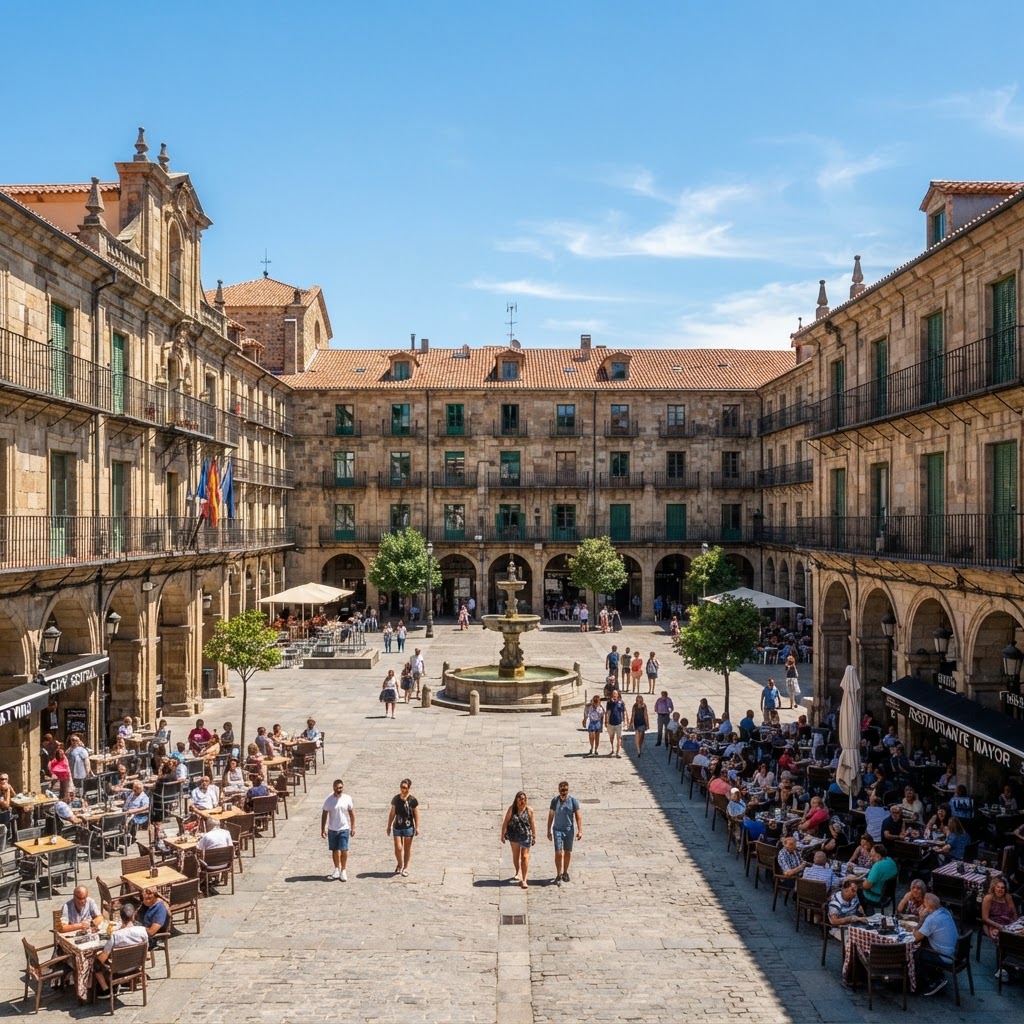 The sun-drenched heart of a Spanish city at midday.