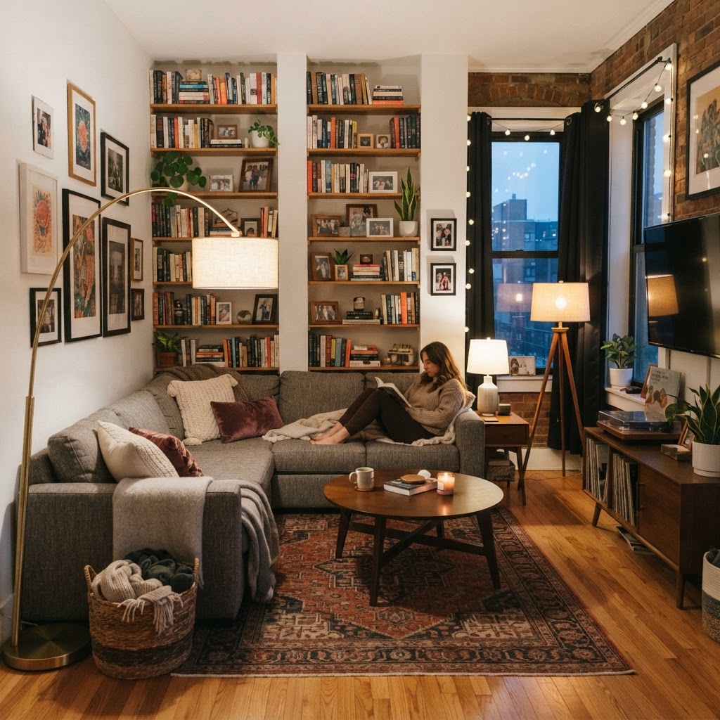Utilizing corners and vertical space transforms this compact apartment living room.
