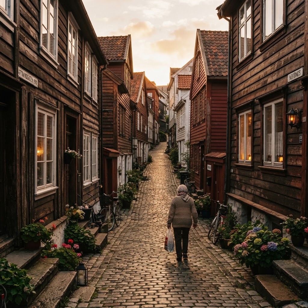 The quiet, picturesque streets of Nordnes during the sunset transition.