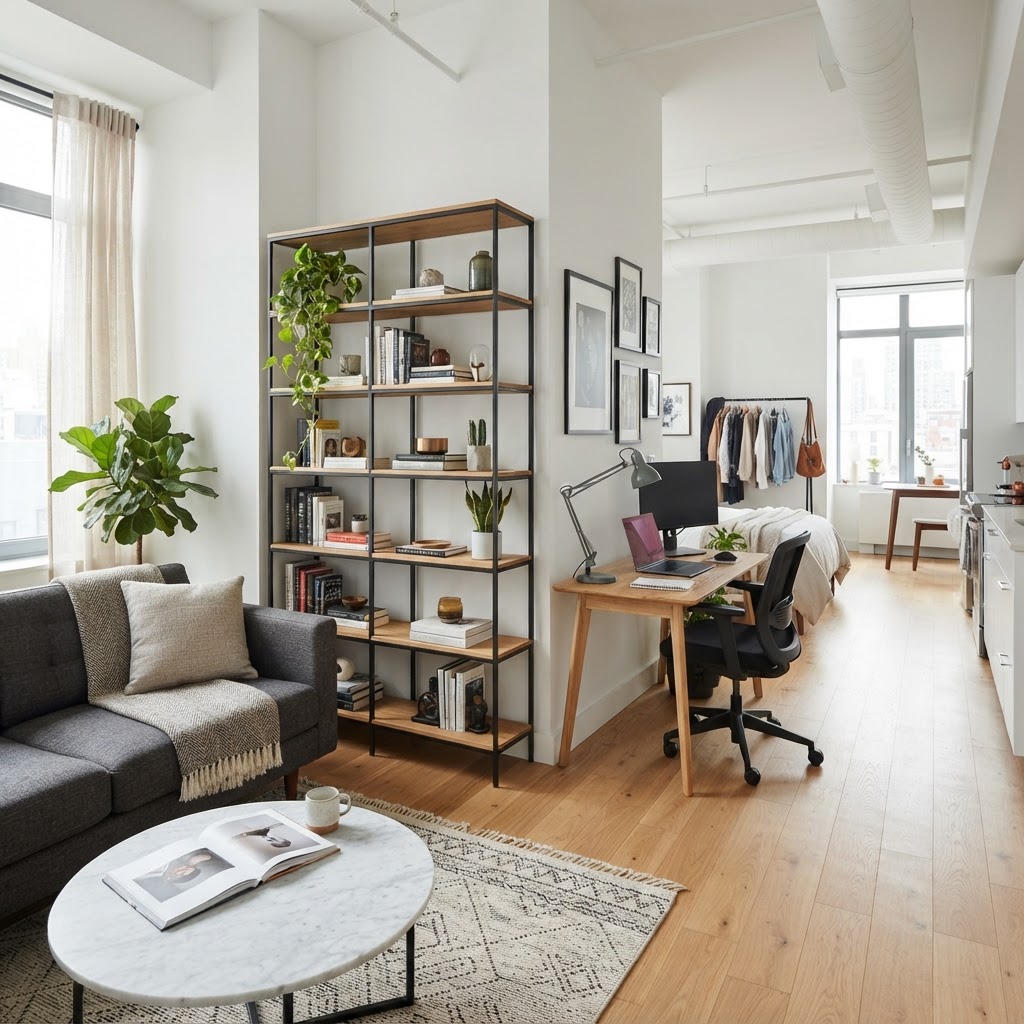 Open-backed shelving works perfectly as a light-filled room divider.