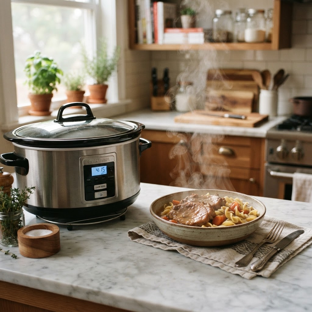 A warm and inviting dinner ready to be served from the slow cooker.