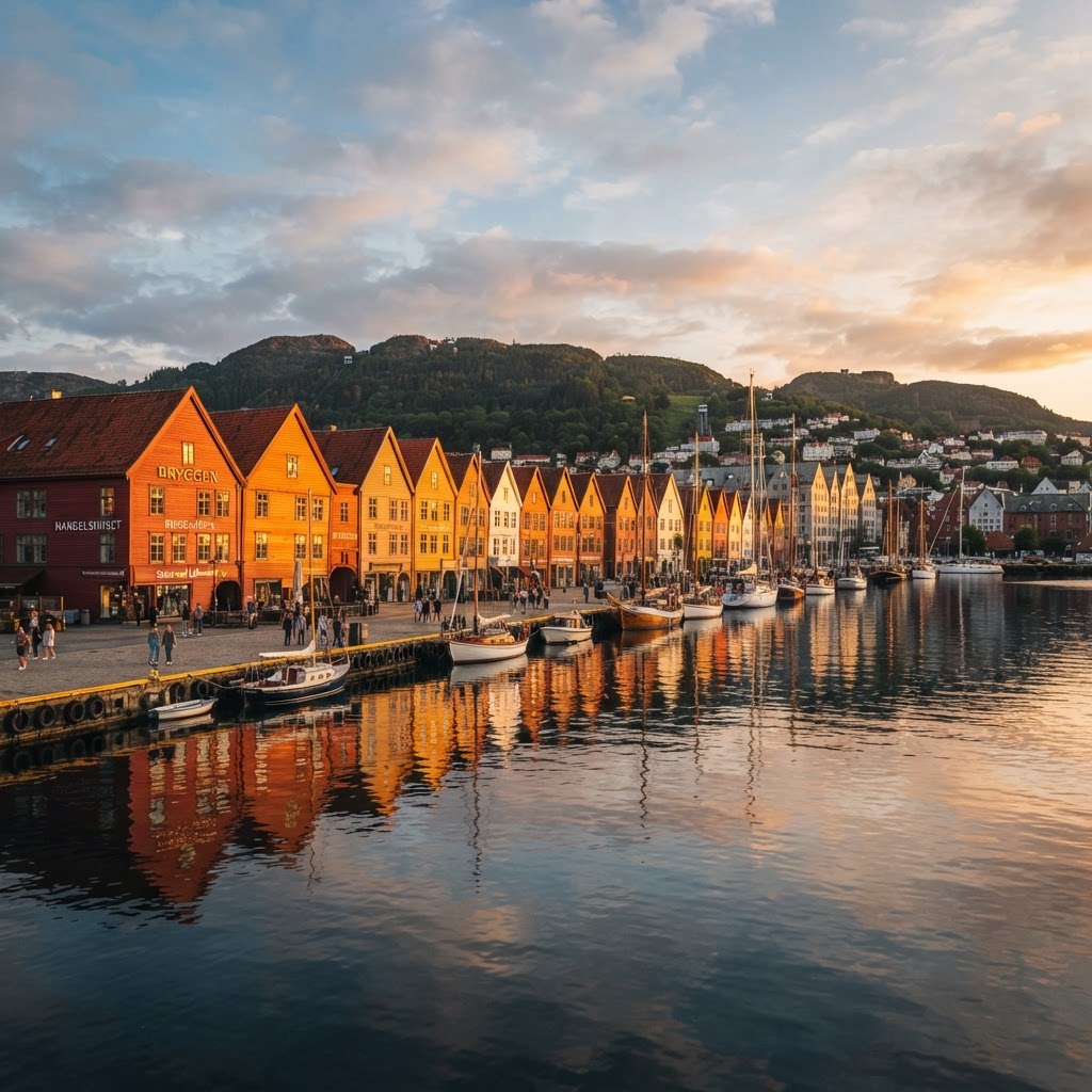 The iconic Bryggen wharf glowing under the soft light of the golden hour.