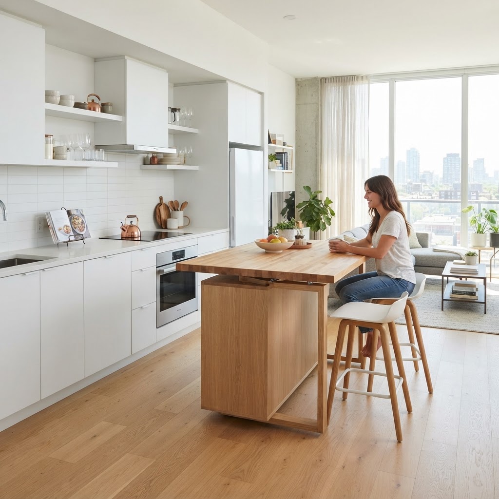 A rotating island perfectly fits a minimalist studio apartment.